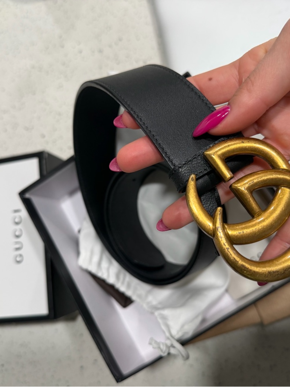 Gucci Black Leather Belt with Antiqued Gold Double G Buckle